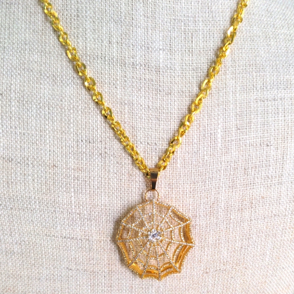 Crystal Spider Web Pendant Necklace, Gold 19" Adjustable Chain, New , Sparkle
